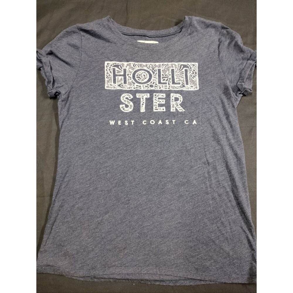 Hollister Navy Tee with White West Coast CA Lace Logo & Cuffed Sleeves